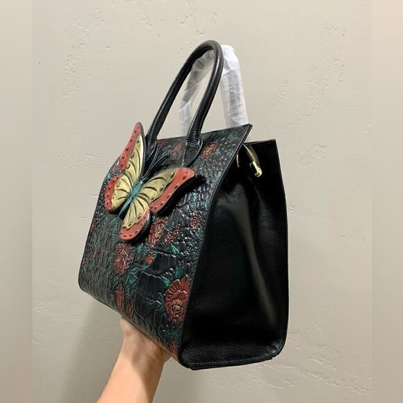 Hand Painted Genuine Leather Floral Embossed with 3D Butterfly Handbag - Picture 10 of 16